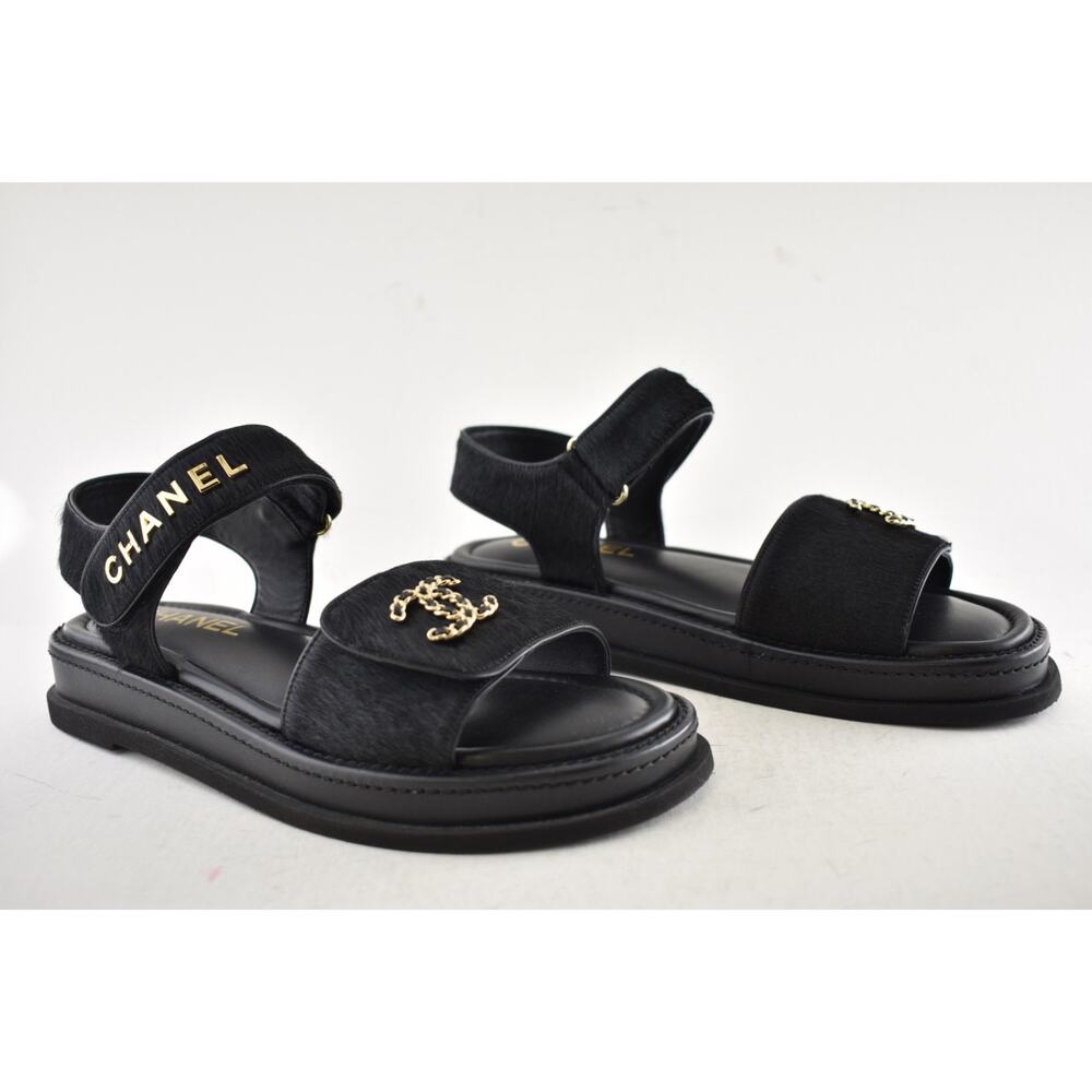 Chanel 24B Black Calf Hair Gold CC Logo Mule Slide Strap Flat Teva Dad Sandal 41 - Picture 5 of 16